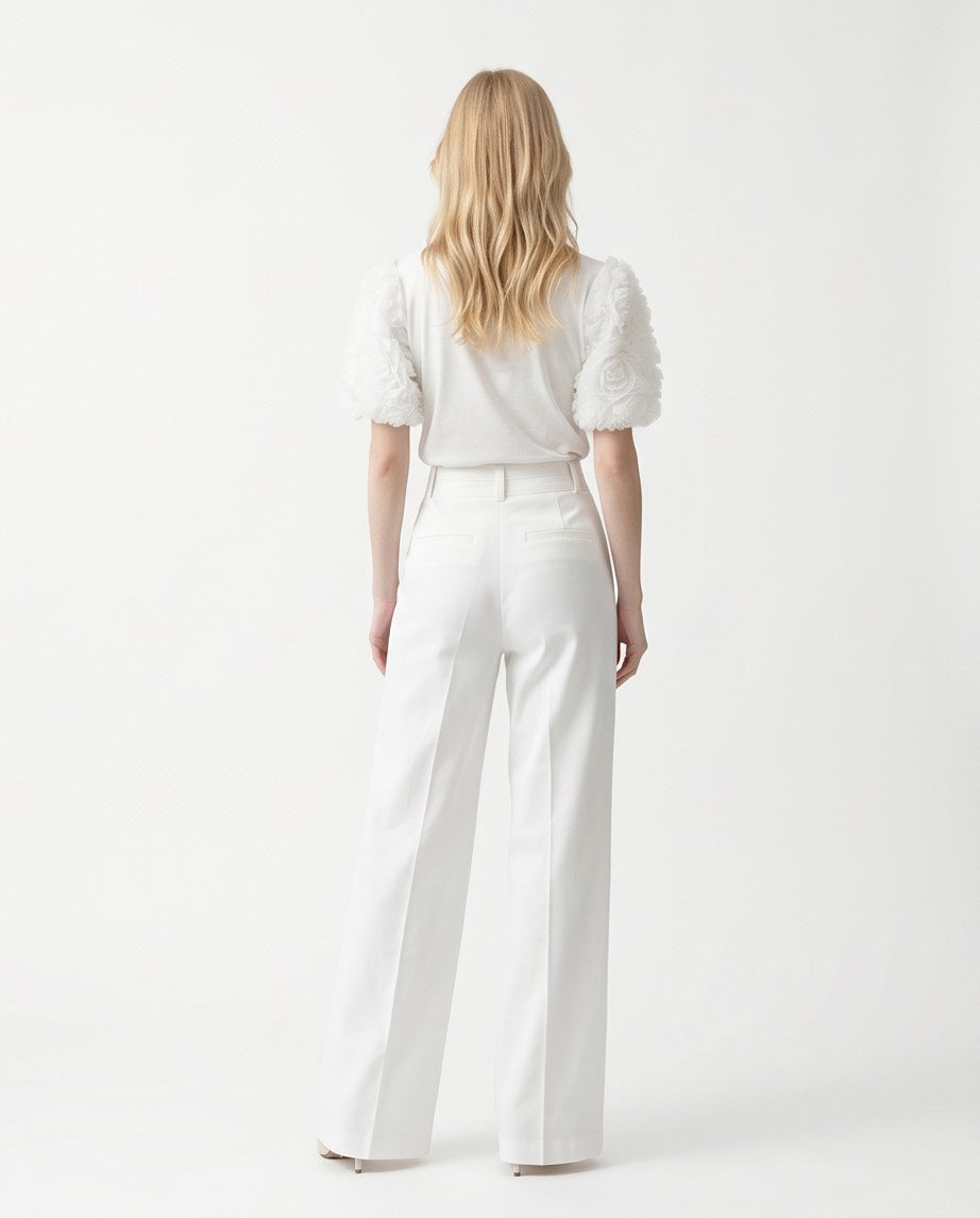 Dual Detail White Wide Leg Pants