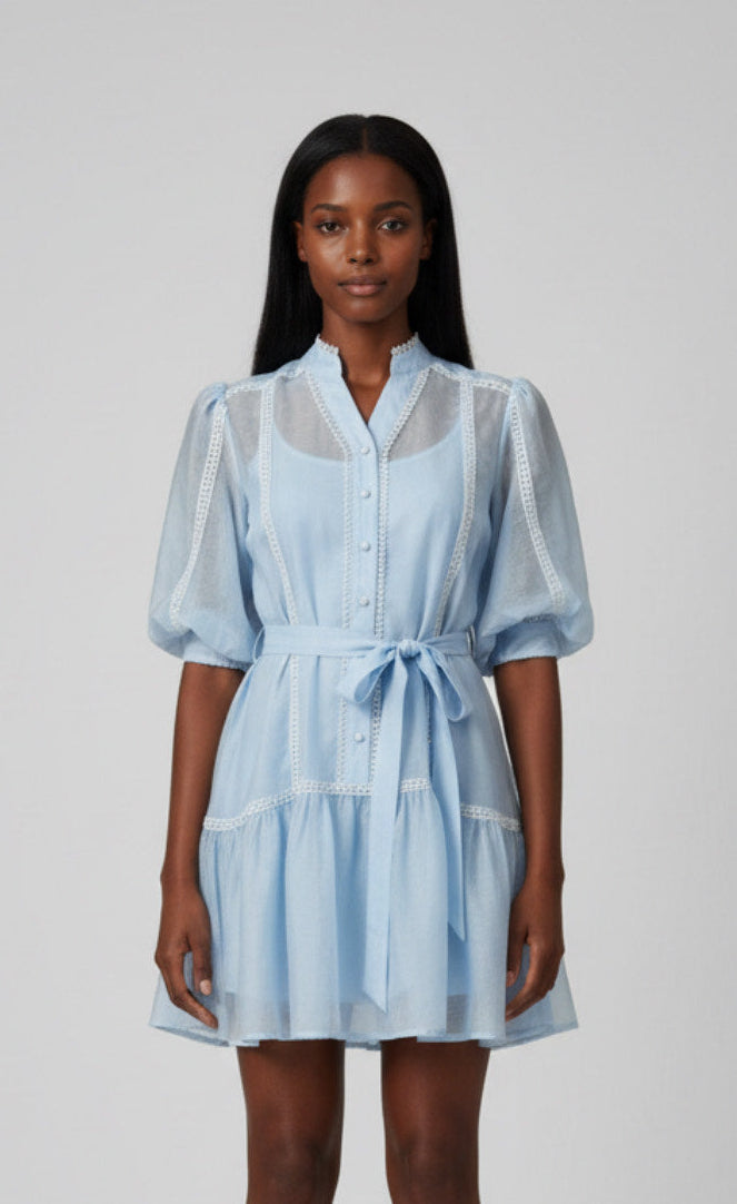 Chiffon Milkmaid Sleeve Dress in Ice Blue