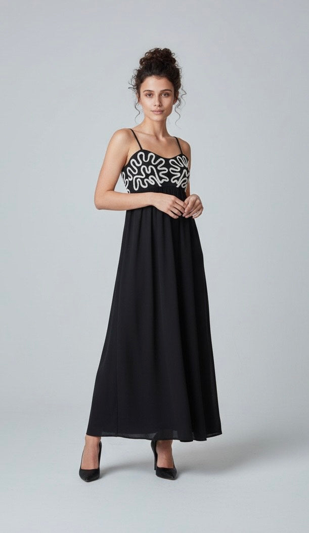 Empire Line Dress in Black with White Doodle Applique