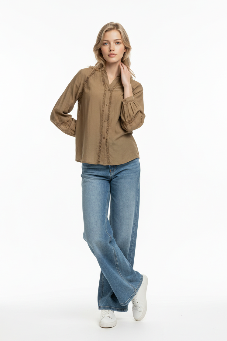 Pretty Please Blouse with Lace Detailing in Mushroom Brown
