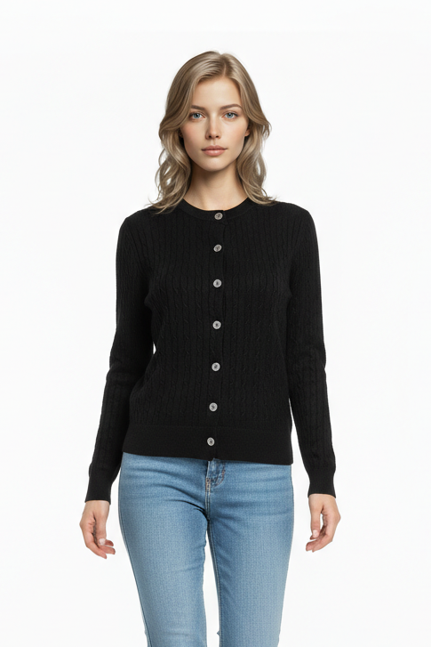Whisper Knit Cardigan with Thin Cable Pattern in Black