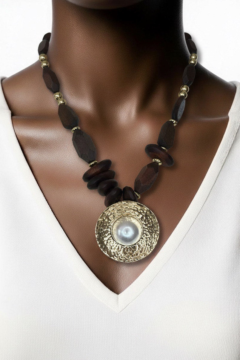 Gold Disc Pendant with Pearl Focal and Chocolate Brown Wooden Beads