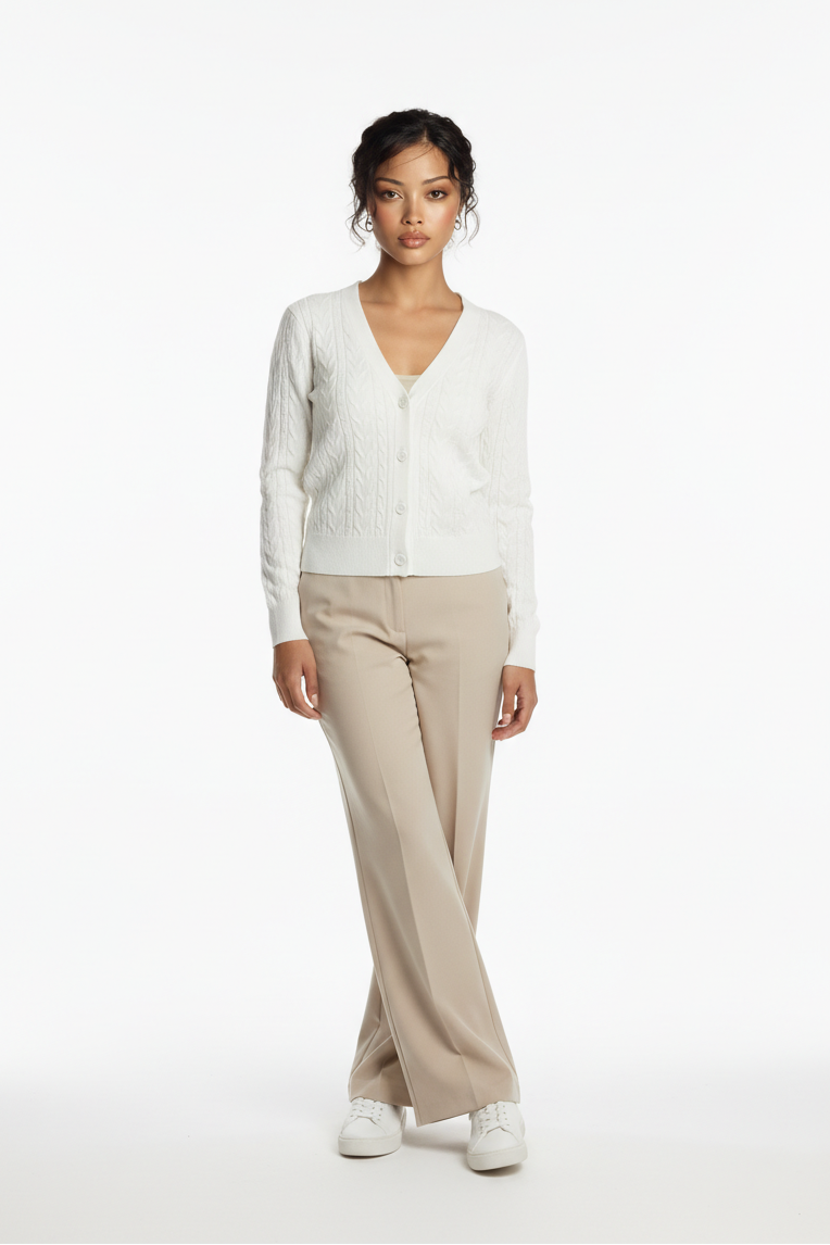 Wisper Knit Cardigan with Thin Cable Pattern in Bone