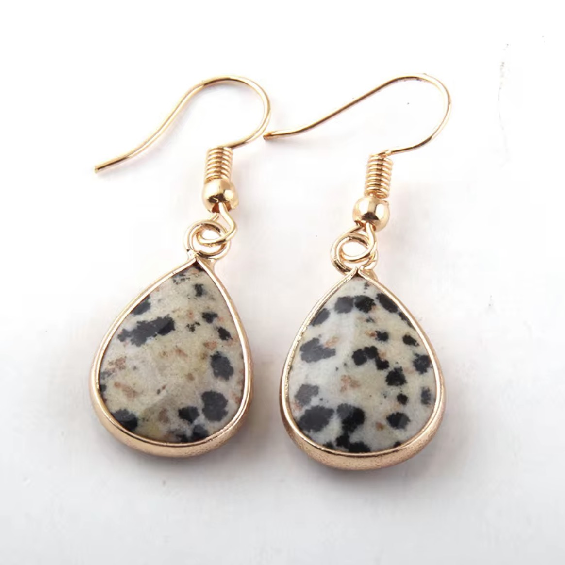 Teardrop-Shaped Earrings in Natural Stone Dalmation Jasper