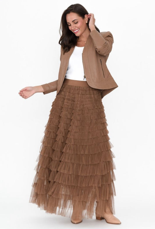 Whimsical Coffee Tulle Tiered Maxi Skirt