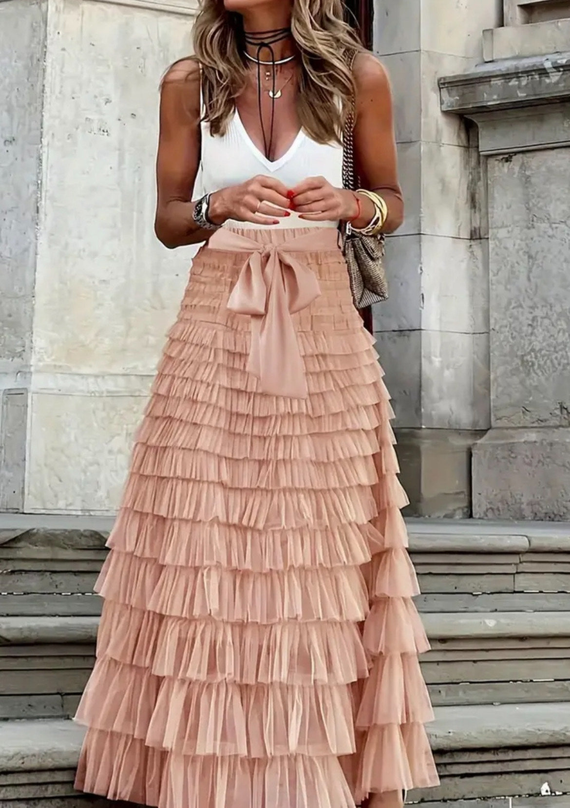 Whimsical Dusty Pink Tulle Tiered Maxi Skirt