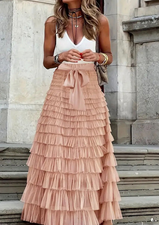 Whimsical Dusty Pink Tulle Tiered Maxi Skirt
