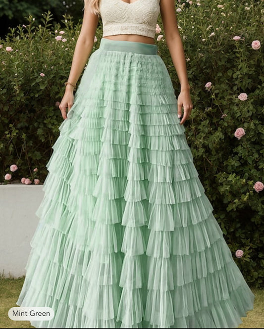 Whimsical Misty Green Tulle Tiered Maxi Skirt