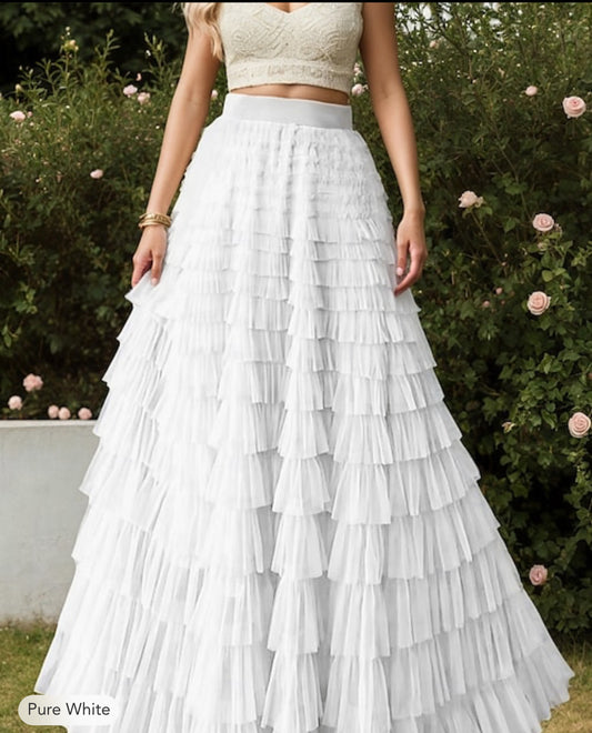 Whimsical White Tulle Tiered Maxi Skirt