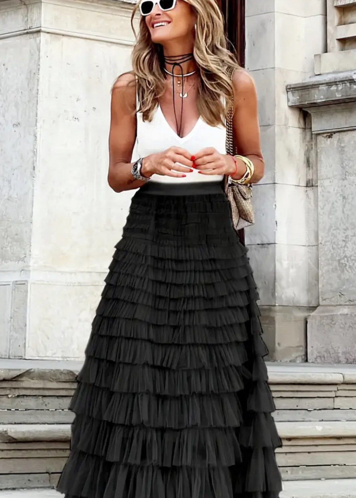 Whimsical Black Tulle Tiered Maxi Skirt