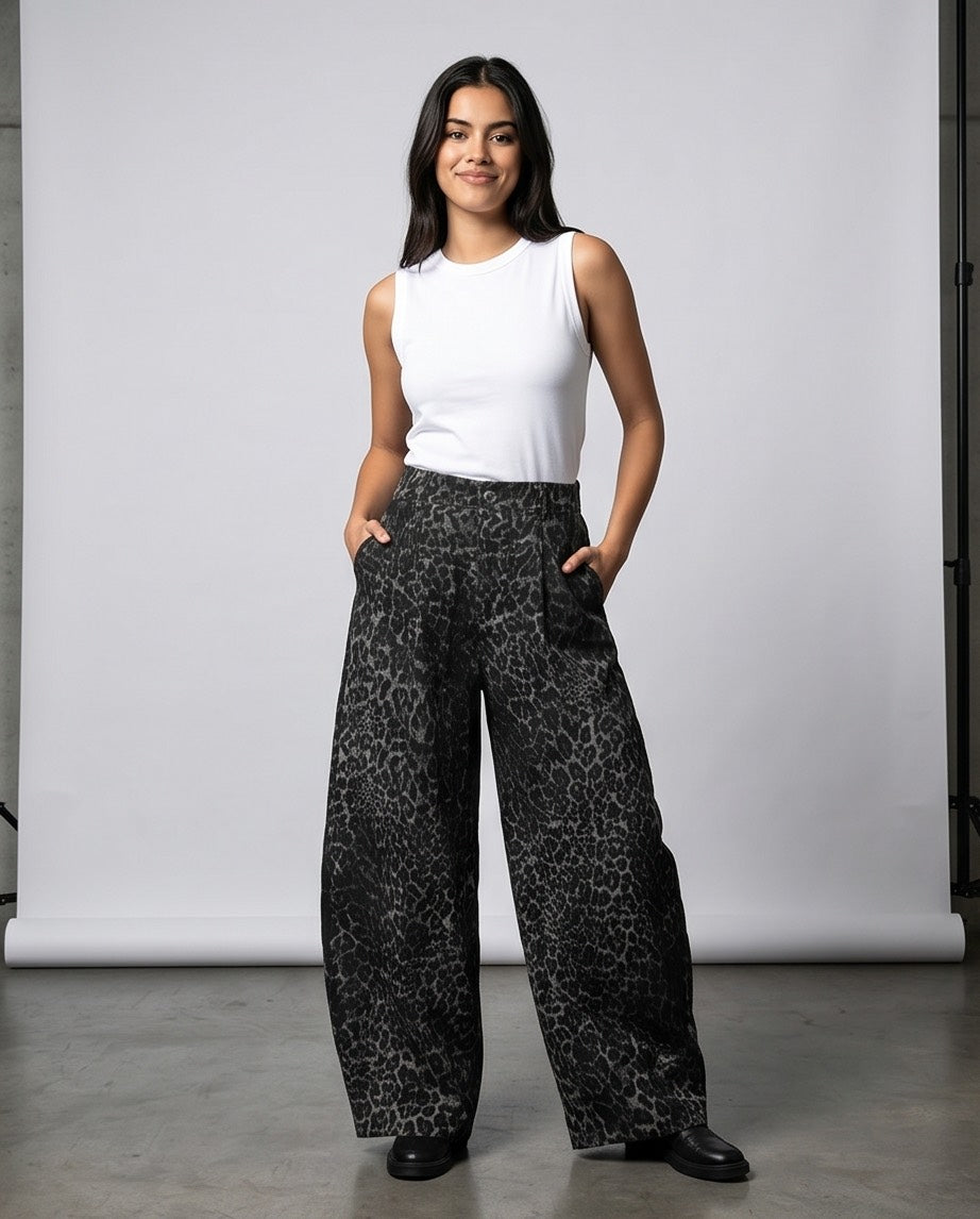 Wild Side Leopard Print Pants in Black and Grey