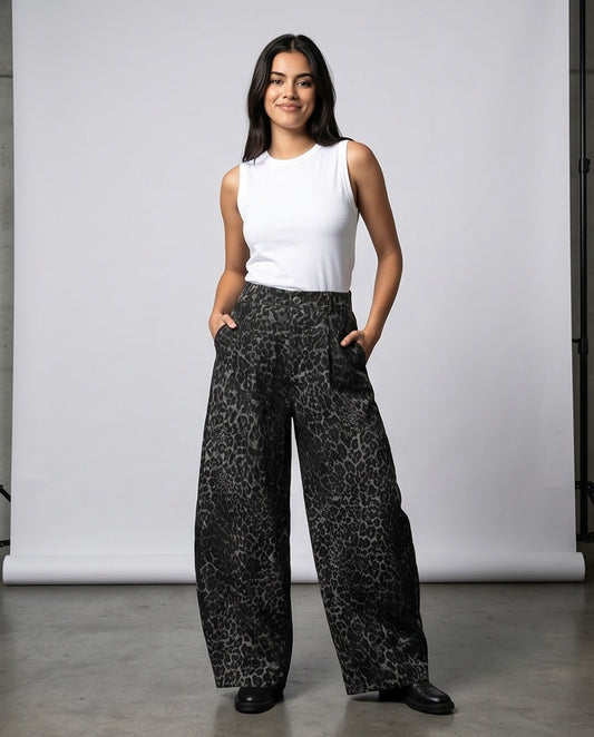 Wild Side Leopard Print Pants in Black and Grey