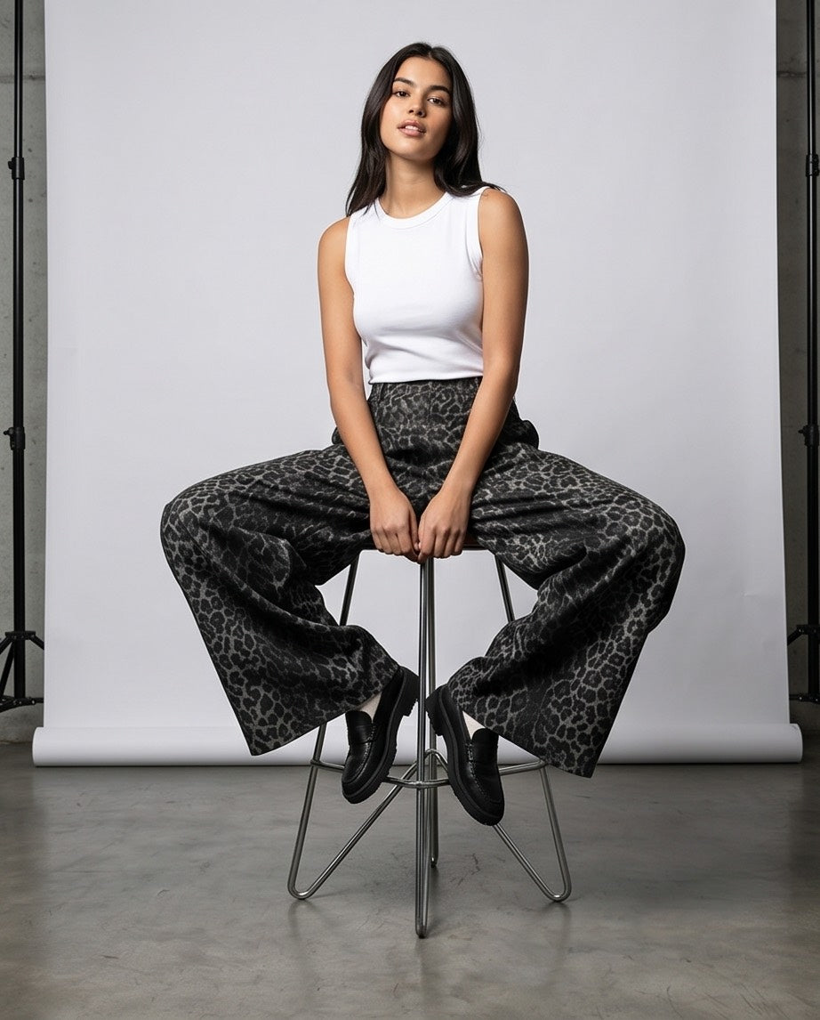 Wild Side Leopard Print Pants in Black and Grey