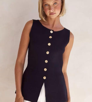 Sleeveless knit Top With Gold Buttons In Classic Black