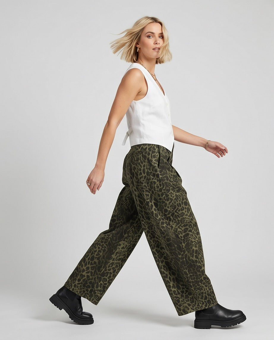 Wild Side Leopard Print Pants in Black and Olive