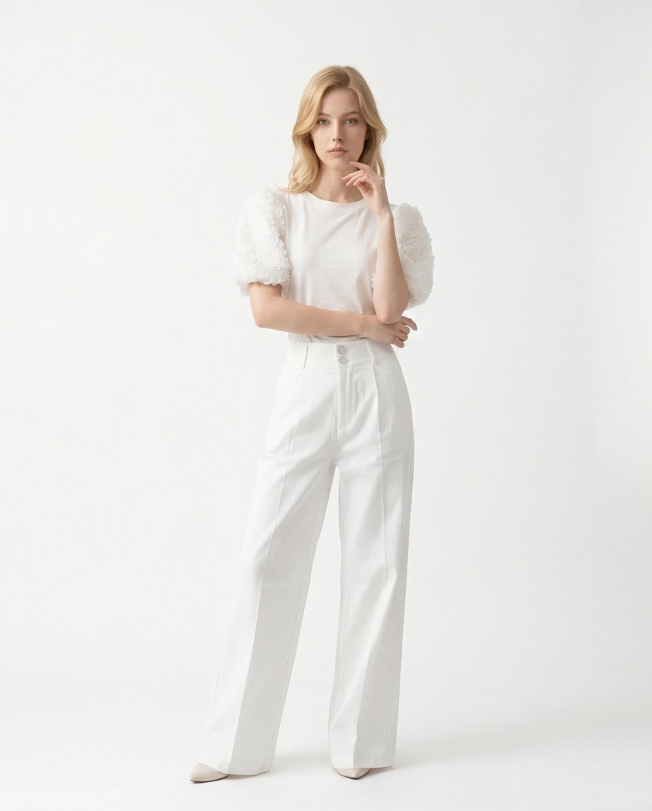 Dual Detail White Wide Leg Pants