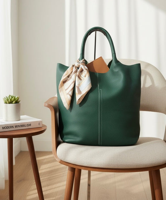 Bottle Green Leather Tote Bag