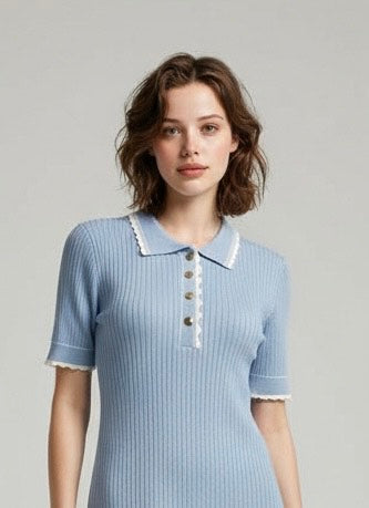 Retro Ice Blue Knit Top with White Frill Detailing