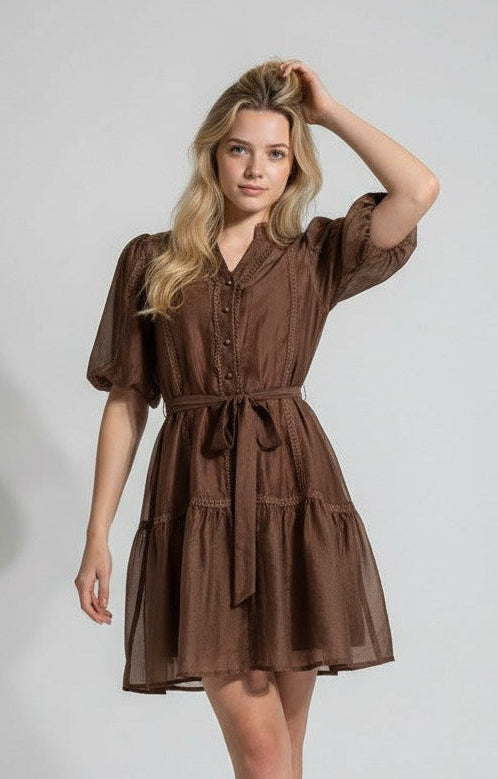 Chiffon Milkmaid Sleeve Dress in Chocolate Brown