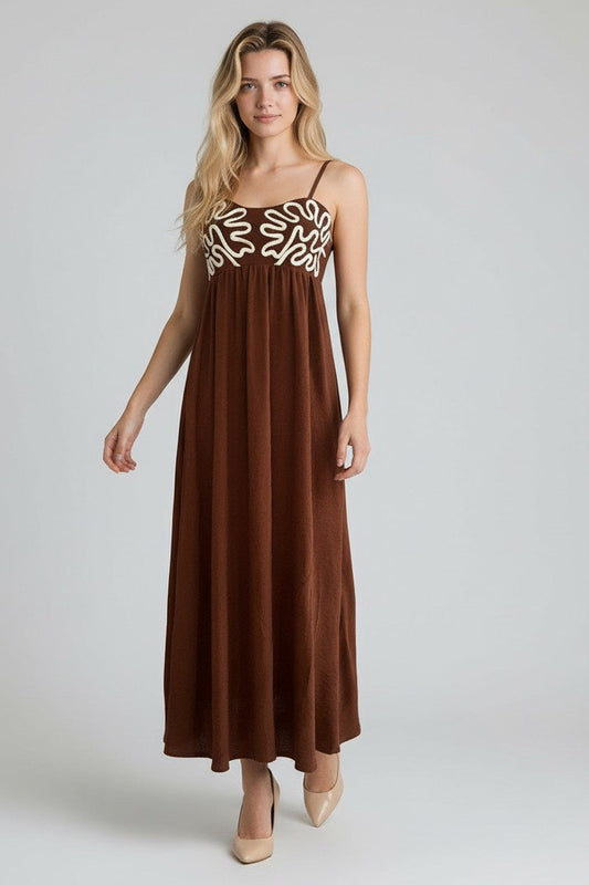 Chocolate Brown Spaghetti Strap Dress with White Cord Applique Bodice