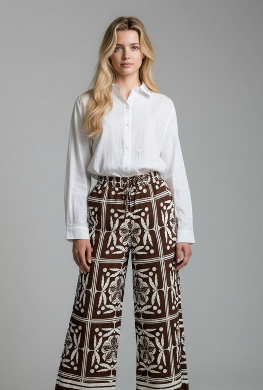 Stylized Floral Pants in Brown and White