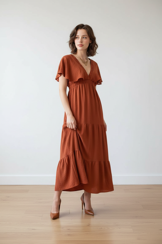 Deep V-Neck Frill Dress in Burnt Orange