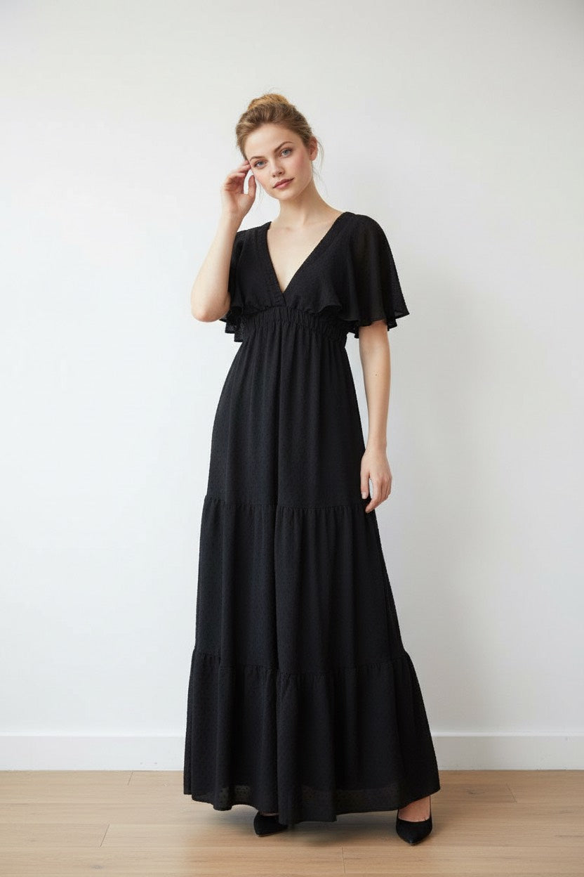 Deep V-Neck Frill Dress in Black