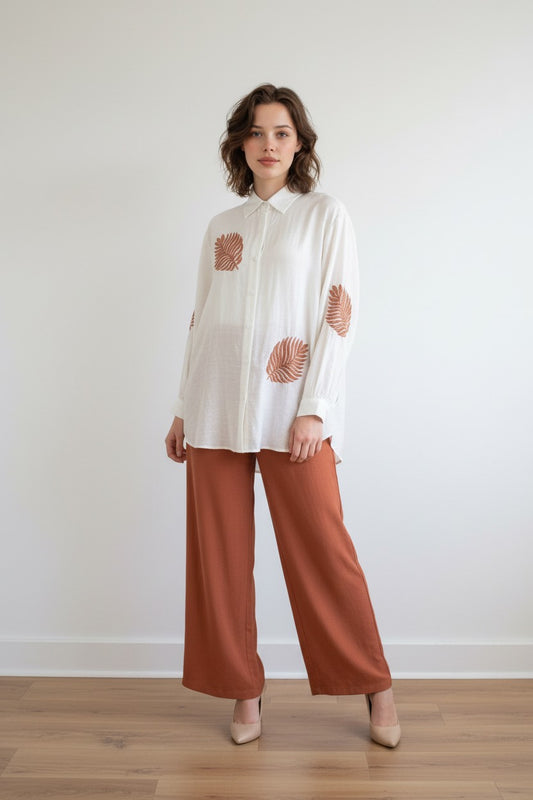 Burnt Orange Pants Set with Embroidered Leaf Detail