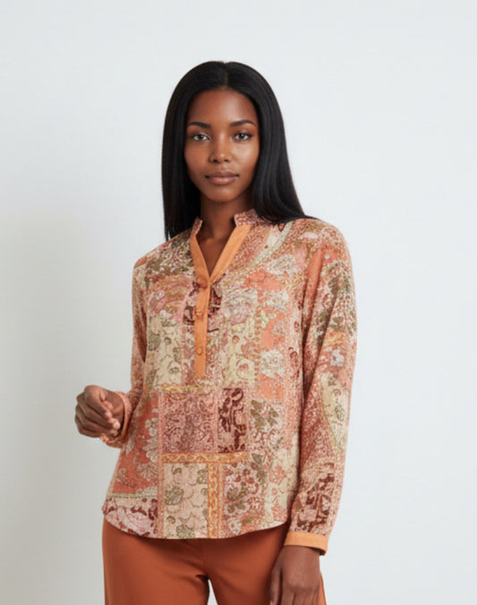 Artistic Patchwork Floral Print Shirt in Cream and Orange