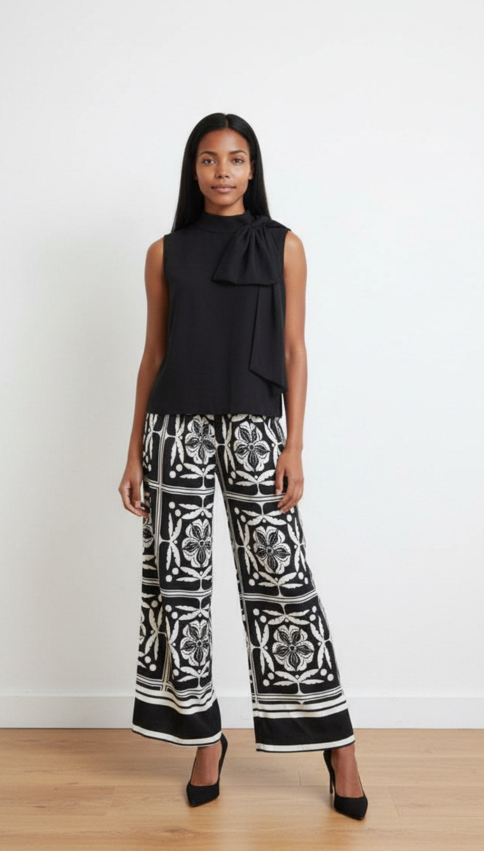 Black and White Geometric Floral Pants