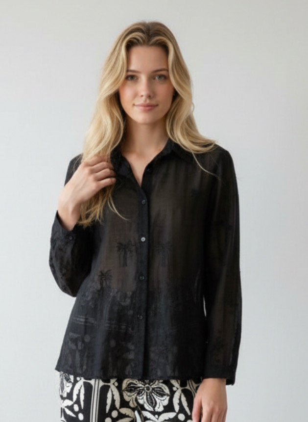Embroidered Palm Trees on Black Cotton Shirt