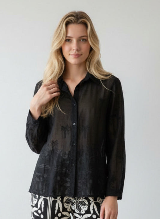 Embroidered Palm Trees on Black Cotton Shirt