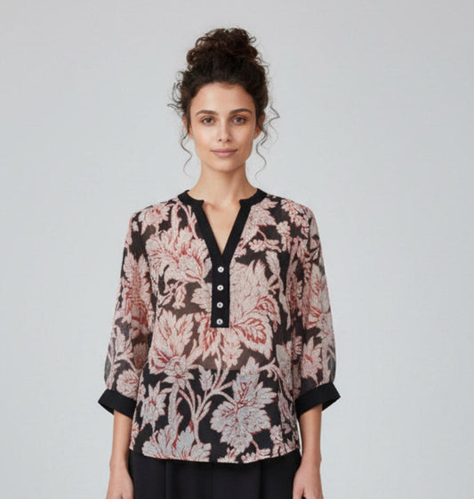 Bold Floral Cotton Top in Black and Orange