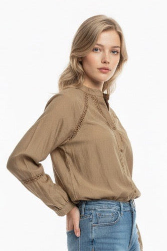 Pretty Please Blouse with Lace Detailing in Mushroom Brown