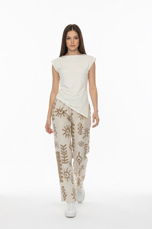Tribal Print Wide Leg Pants in a Stone and Bone Palette