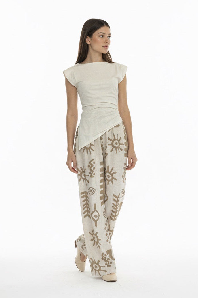 Tribal Print Wide Leg Pants in a Stone and Bone Palette