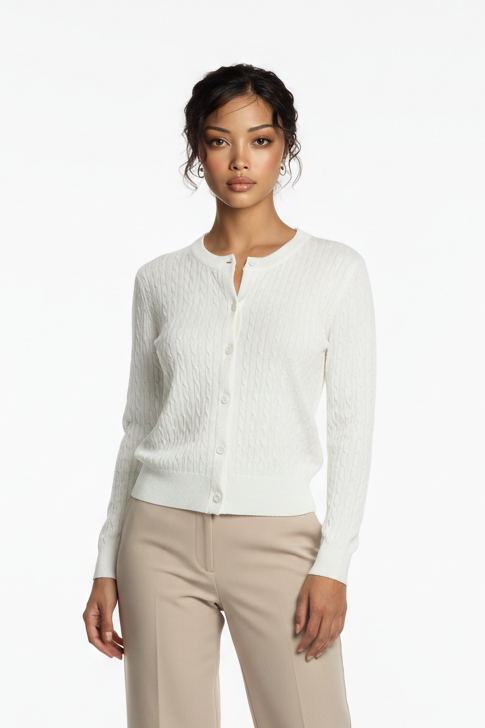 Wisper Knit Cardigan with Thin Cable Pattern in Bone