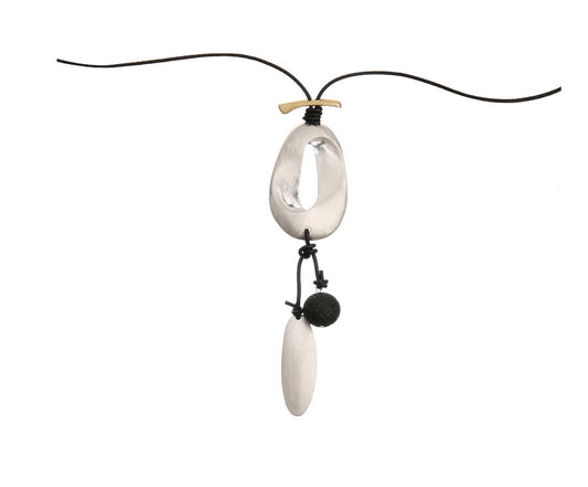 Contemporary Oval Silver Pendant with Dangling Accent Charms