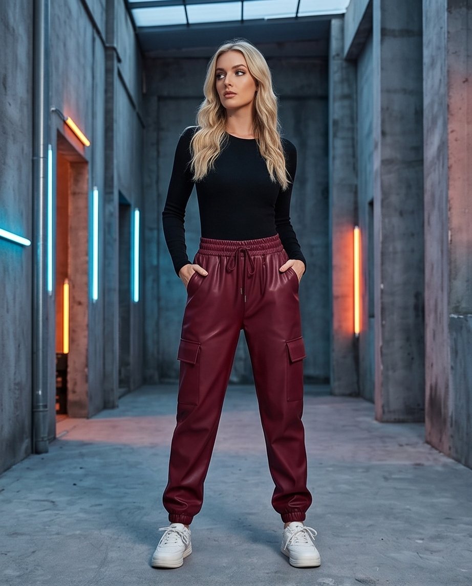 Urban Faux Leather Joggers in Burgandy