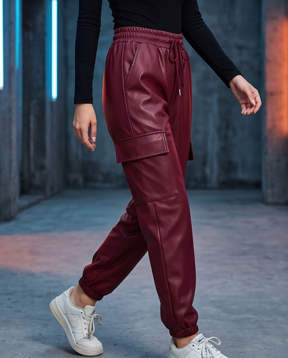 Urban Faux Leather Joggers in Burgandy
