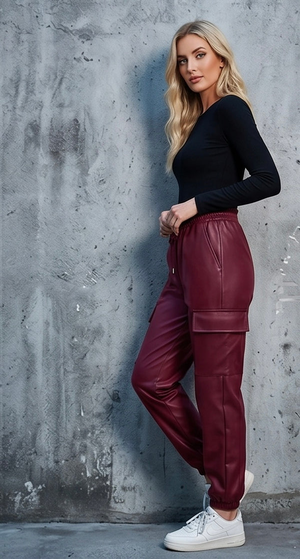 Urban Faux Leather Joggers in Burgandy