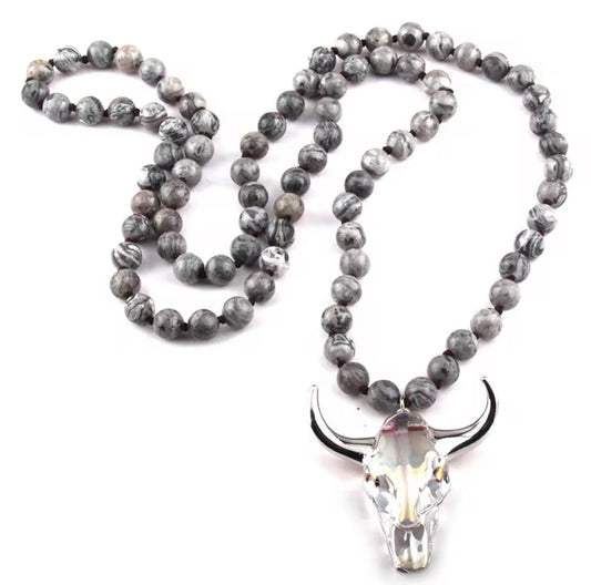 Crystal Buffalo Skull Pendant Necklace With Grey Jasper Beads