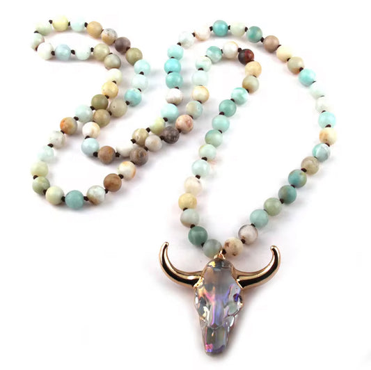 Crystal Buffalo Skull Pendant Necklace With Amazonite Beads