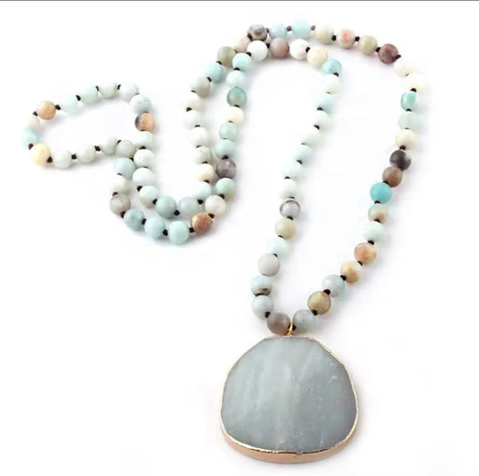 Amazonite Bead Necklace With Irregular Amazonite Pendant in gold