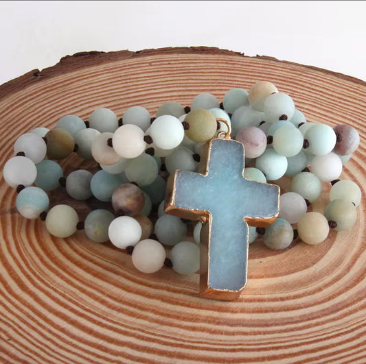 Necklace Featuring a Amazonite Cross with Gold Bevel