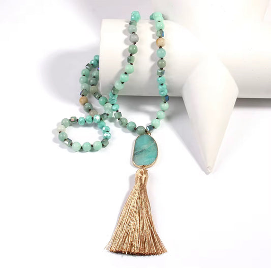 Necklace with an Irregular Amazonite Pendant and Tassel