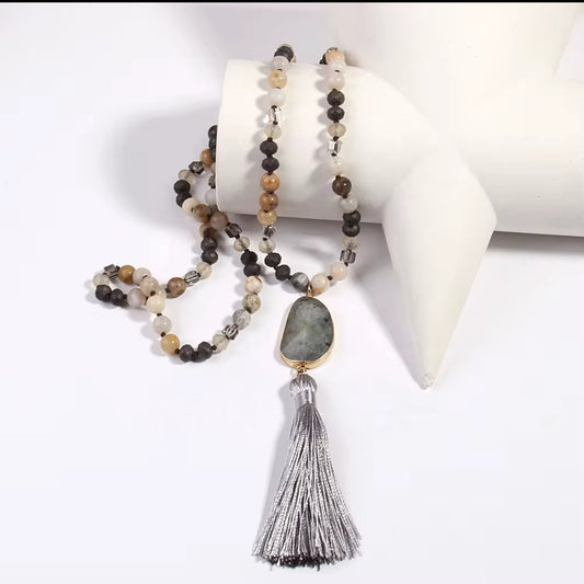 Necklace with an Irregular Grey Jasper Pendant and Tassel