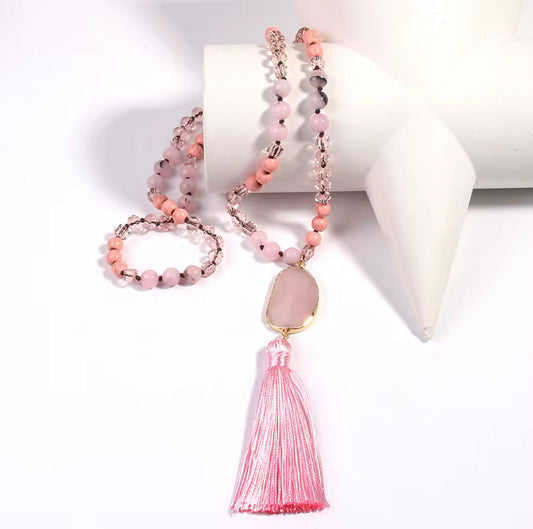 Necklace with Irregular Rose Quartz Pendant and Tassel