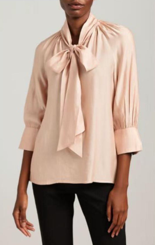 Poet Sleeve Shirt with Pussy Bow In Bisque