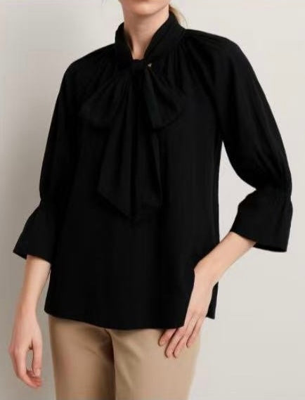 Poet Sleeve Shirt with Pussy Bow in Classic Black